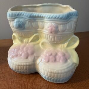 Vintage Ceramic Baby Shoes Booties Planter Pink, Yellow, Blue & White